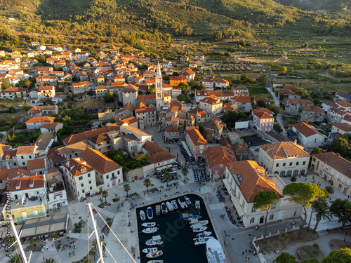 Jelsa on island Hvar in Croatia from above during golden hour