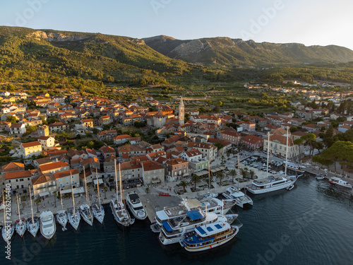 Jelsa on island Hvar in Croatia from above during golden hour
