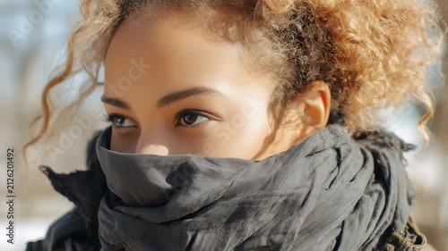 A close up shot captures the intense eyes and curly hair of a woman wrapped in a scarf, set against a blurred outdoor background. The image conveys mystery, beauty, and modern fashion trends