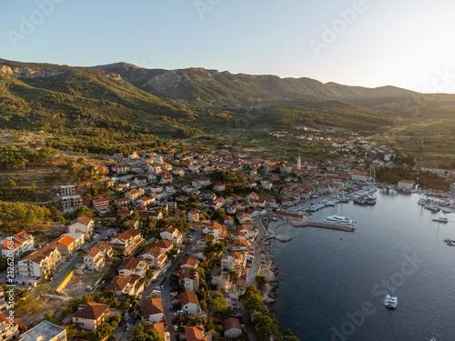 Jelsa on island Hvar in Croatia from above during golden hour