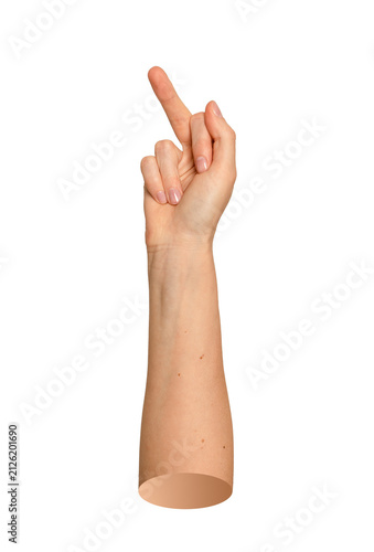 Foto Caucasian hand displaying aggressive middle finger gesture against blank backdrop