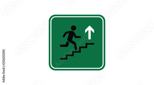 Green square sign with black pictogram of person running up stairs with arrow indicating direction.