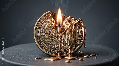 Melting Gold Medallion: A richly detailed gold medallion is consumed by flame, its intricate design obscured by flowing molten gold.