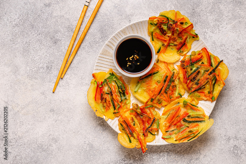 Fried Korean pancakes (jeon) with various vegetables