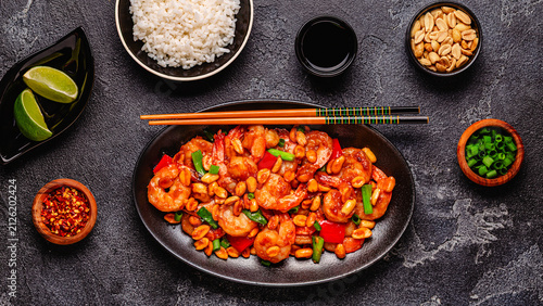 Kung pao shrimp, stir-fried shrimp with peanuts and vegetables