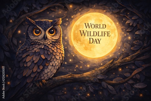 Wise owl perched on branch during night for world wildlife day scene