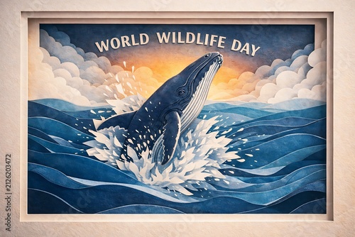World wildlife day banner with breaching whale in ocean with sunset clouds