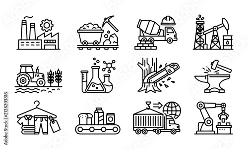 Industry Icons Set: Manufacturing, Agriculture, Construction, Energy, and More Vector Graphics