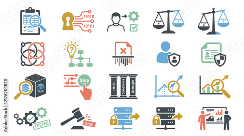 Bild auf Leinwand Set of Digital Algorithmic Icons Illustrating Data Ethics and Artificial Intelli