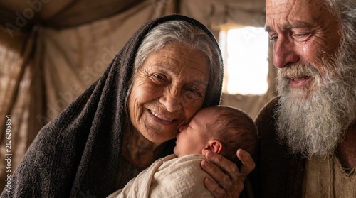 Birth of Isaac. Elderly Sarah holding newborn baby with Abraham looking on in a tent. Biblical story of Genesis