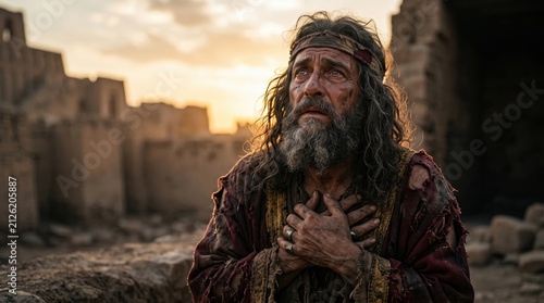 King Nebuchadnezzar humbled. Disheveled ruler in tattered robes looking up to heaven in repentance. Biblical story of Daniel
