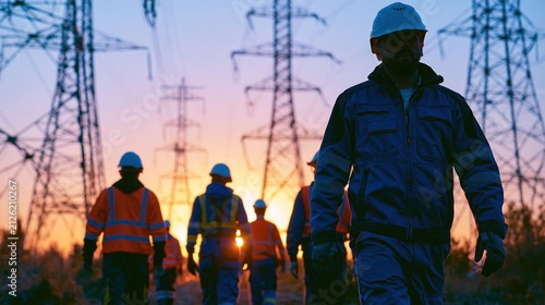 Utility maintenance team walking through transmission corridor at sunset