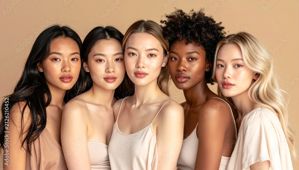 Obraz premium Five diverse women with varying skin tones and hair textures standing together against a beige background, showcasing natural beauty and inclusivity.