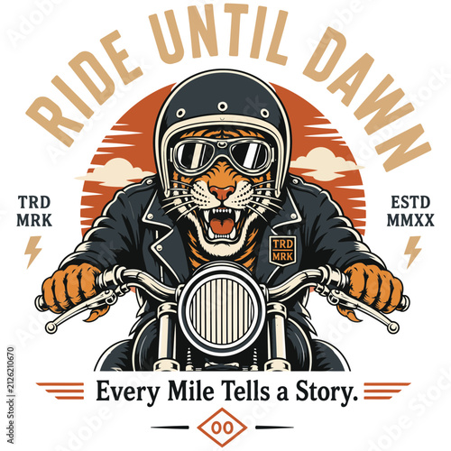Ride Until Dawn Tiger Biker Vintage Motorcycle Vector T-Shirt Design