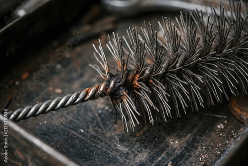 Macro close up of a wire pipe cleaning brush with slightly bent bristles and light rust