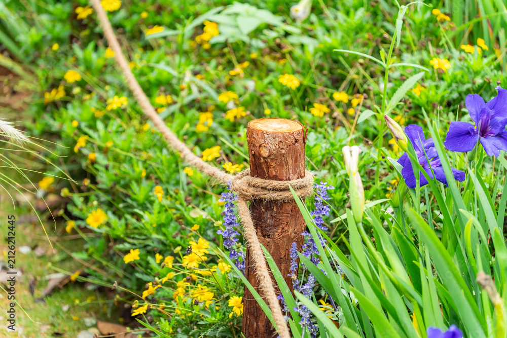 Obraz premium Pile of sharp wood, wooden fence posts in flower garden