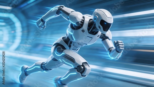 Futuristic white robot with glowing blue accents running through a high-speed digital tunnel
