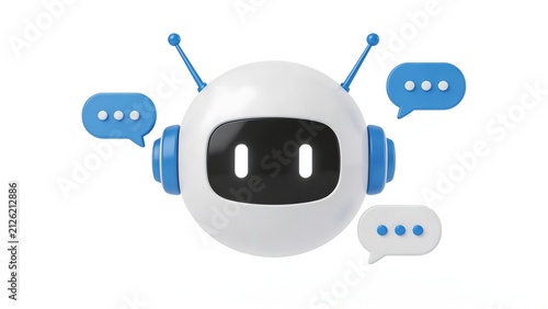 White and blue robot head with antennae and speech bubbles representing AI chatbot or virtual assistant