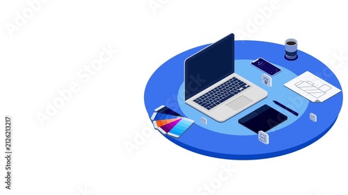 Isometric digital creative workspace circular desk setup with laptop, graphic tablet, color swatches, coffee, and smartphone. Graphic designer, agency, software development workflow stock asset.