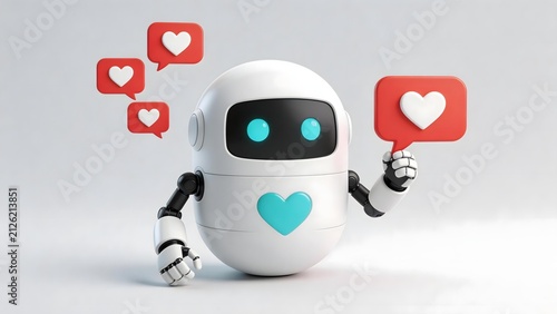 White robot with blue eyes and heart emblem holding a red love icon surrounded by floating heart-shaped speech bubbles on white background