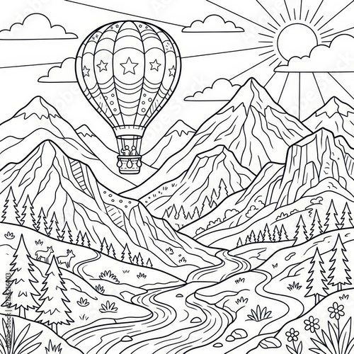 Hot air balloon flying over mountains and river