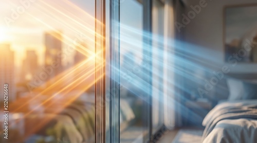 Modern window smart glass coating film reflecting intense heat sunlight outdoors and letting cool UV light inside room for energy saving concept.
