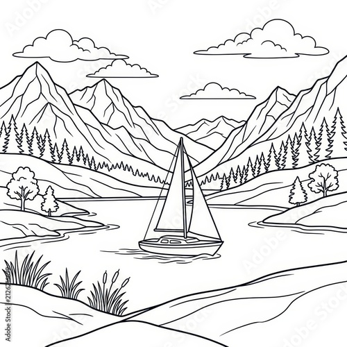 Sailboat on a mountain lake under cloudy sky