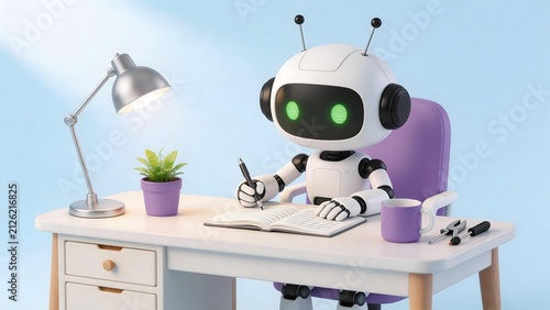 White robot with green eyes sits at desk writing in notebook lamp and potted plant nearby