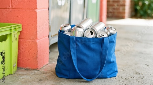 Cans collected in a blue tote beside a recycling station