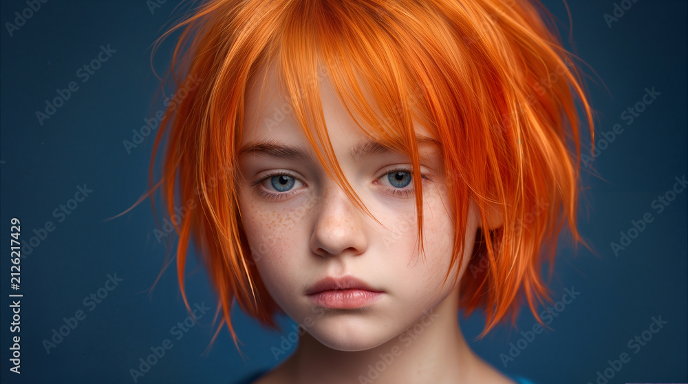 Obraz premium Girl with bright orange hair and freckles looking at camera. Close-up portrait of preteen with blue eyes against dark background.