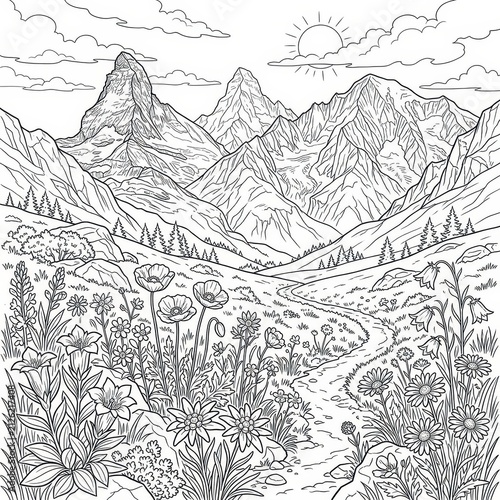 Alpine meadow with flowers and mountains coloring page