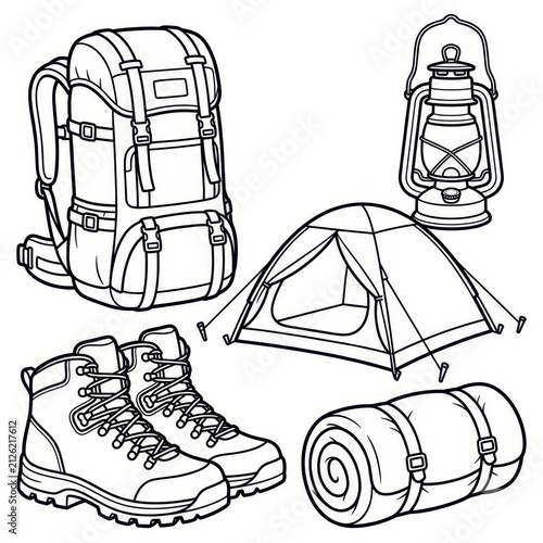Camping gear icons black and white illustration