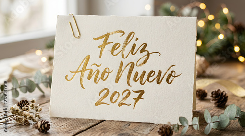 Elegant gold lettering feliz año nuevo 2027 card on rustic wooden table