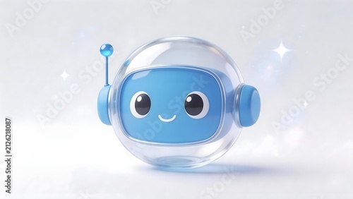 Cute blue robot with transparent dome helmet and antenna smiling on a soft white background with sparkles