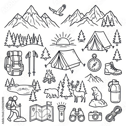 Camping and hiking doodle illustration