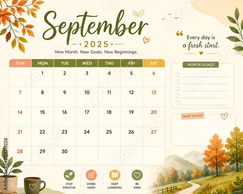 September 2025 calendar page with morning coffee and autumn landscape calendar september schedule seasonal landscape management organization
