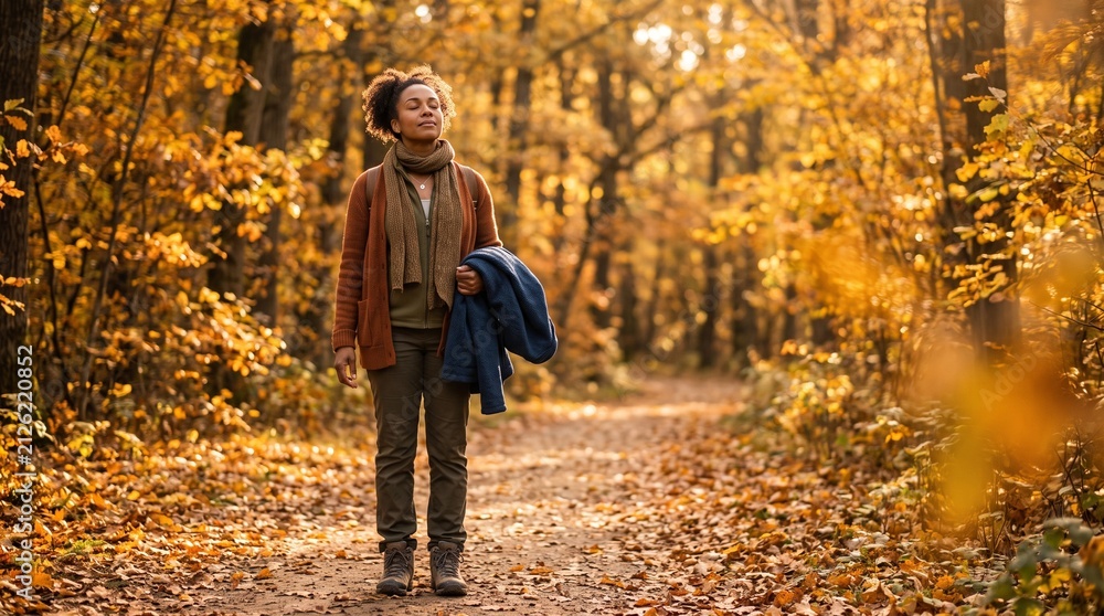 Obraz premium Hiker pauses beneath amber leaves for a mindful trail break