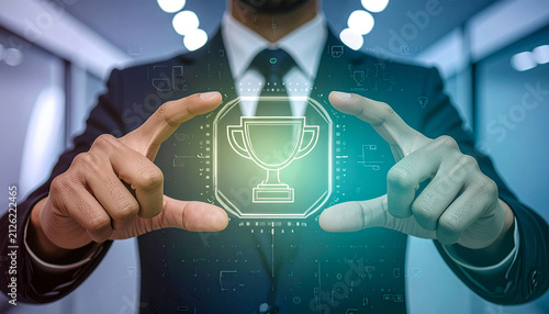 Achievement recognition platform for rewarding top results with a trophy symbol, supporting employee awards, competition winners and milestone celebration in an organization
