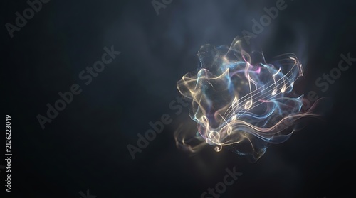 Abstract glowing musical notes and treble clef in ethereal light smoke