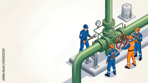 Isometric industrial workers maintaining green gas or water pipelines