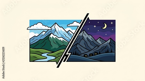 Mountain landscape showing day and night transition in split view
