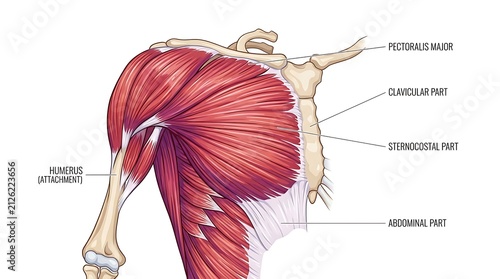 Pectoralis major muscle anatomy diagram showing skeletal attachments