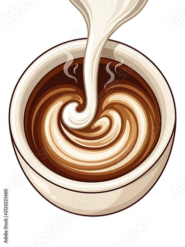 Milk pouring into a cup of hot coffee creating cream swirls