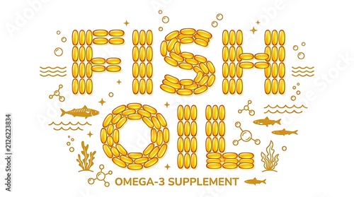 Fish oil text spelled with yellow omega 3 softgel capsules