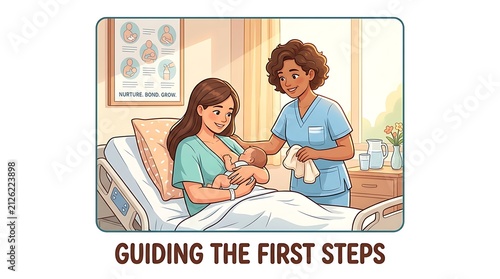 Nurse assisting a mother breastfeeding her newborn baby in hospital