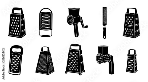 Kitchen Grater Icon Set Vector Illustration Collection Featuring Different Types of Cheese Graters