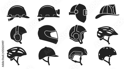 Safety Helmets and Hard Hats Silhouette Icon Set Featuring Construction and Sports Gear