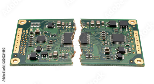 Foto Broken circuit board with visible chips and connectors on a white background