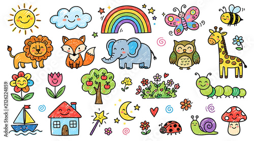 Colorful cartoon animals and characters set with rainbow and clouds background