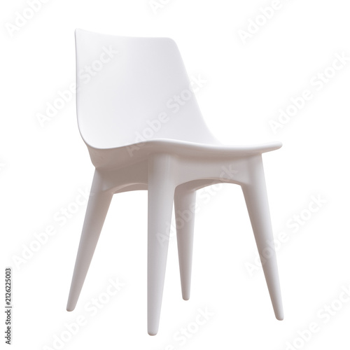 Photography A modern white molded plastic dining chair with a gently curved backrest and tap